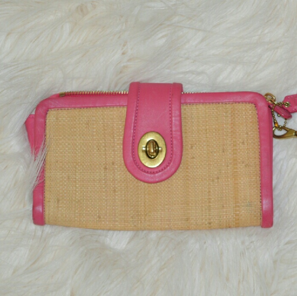 Coach Pink and Natural Straw Wristlet Clutch